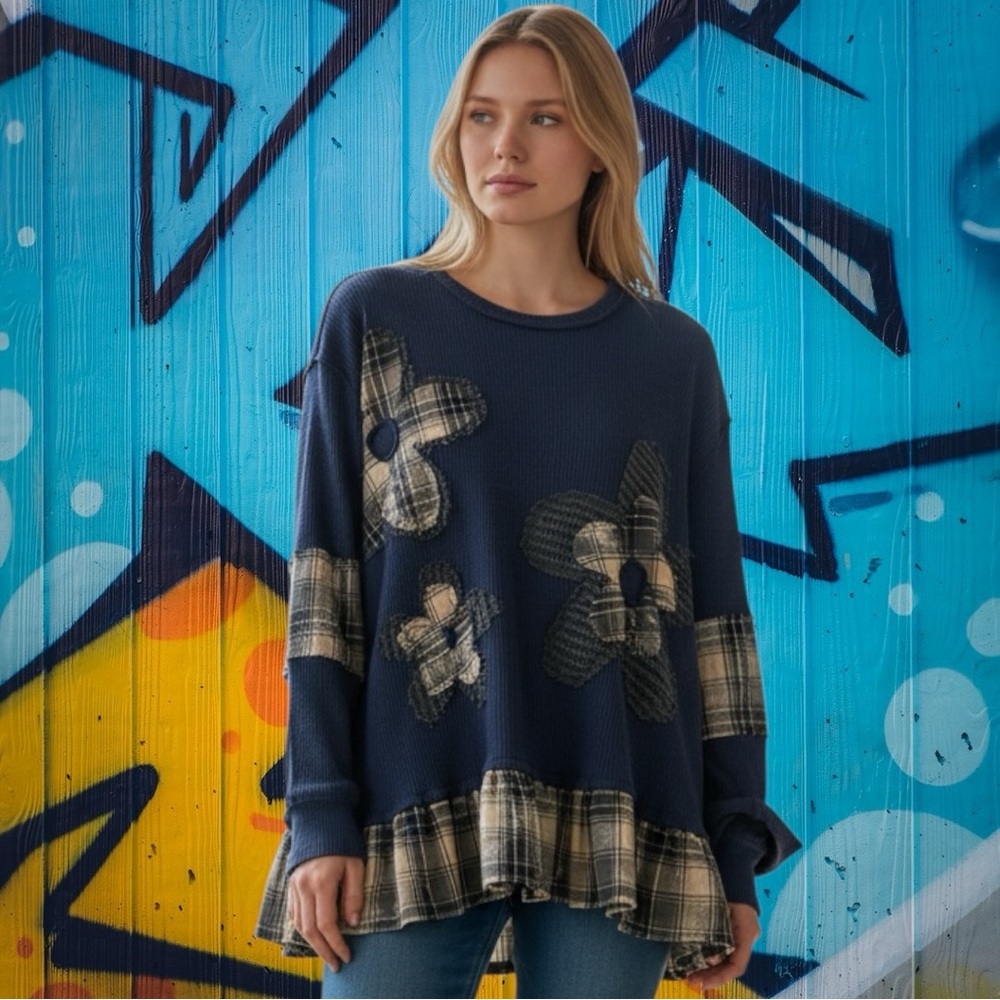POL Navy Floral Plaid Women's Sweater